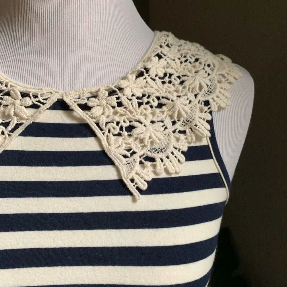 Lili’s Closet Navy & Ivory Striped Tank with Crocheted Collar - Picture 2 of 4